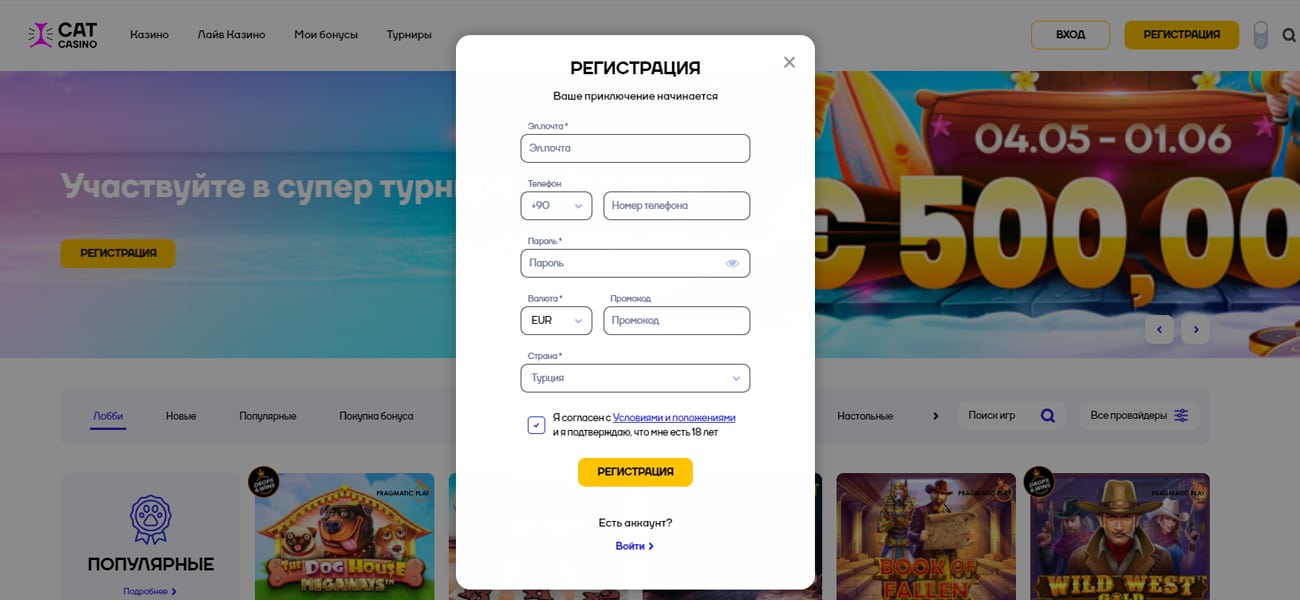 регистрация в cat casino